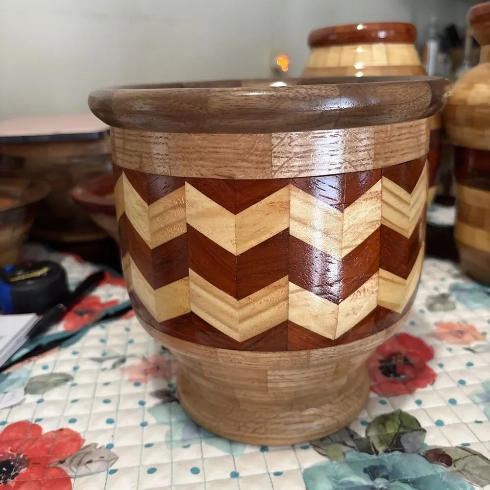 Handcrafted Segmented Wood Pedestal Bowl Cherry Walnut Padauk Maple Chevron